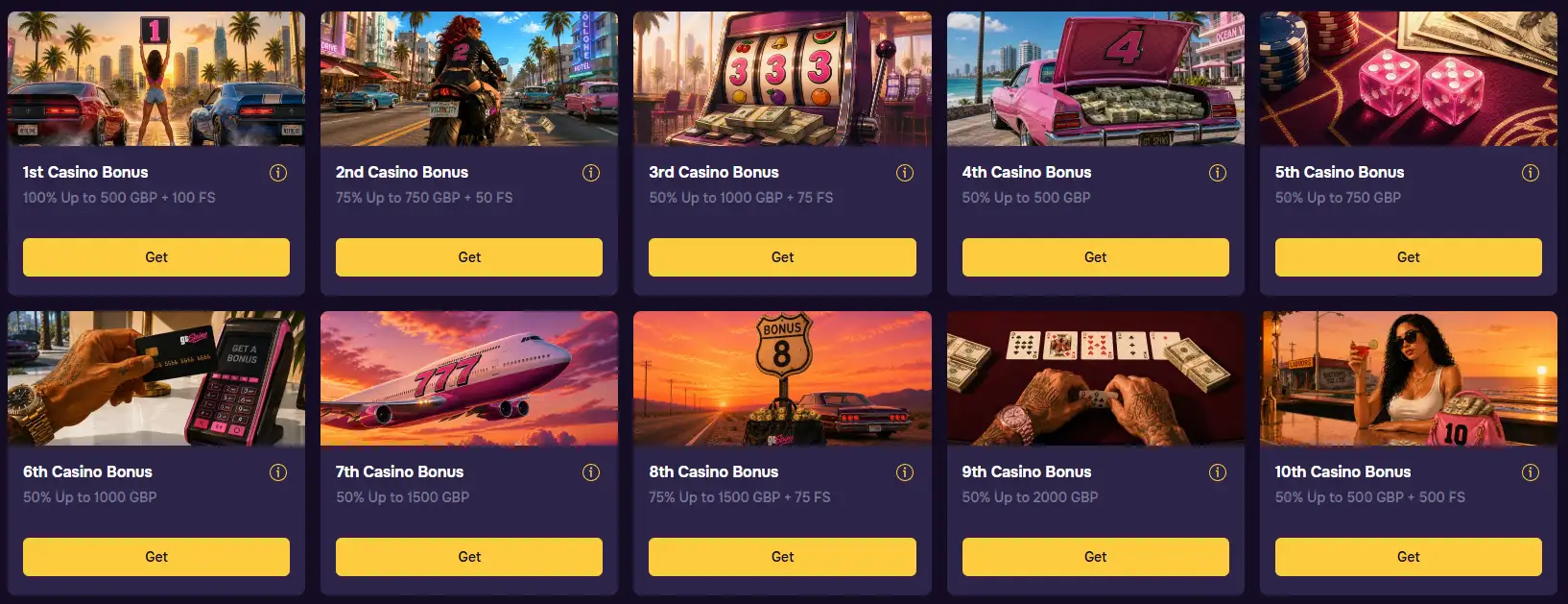 Gtspins Casino welcome package with ten casino bonuses and free spins