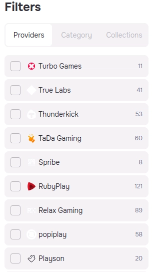 Gtspins Casino game filters showing providers and available game counts