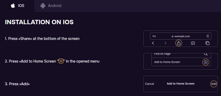 Gtspins Casino iOS installation guide showing how to add the website to the home screen